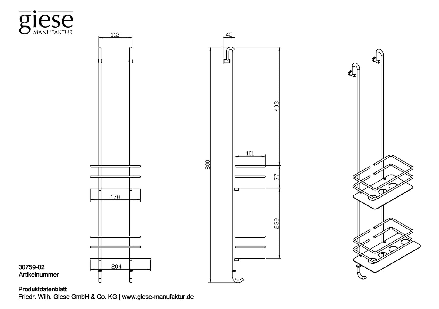Technische Zeichnung eines Duschkorbs der Marke Giese mit den Maßen: Breite 170 mm, Höhe 800 mm und Tiefe 143 mm. Die Zeichnung zeigt den Duschkorb aus der Vorder-, Seiten- und Schrägansicht. Unten sind Artikelnummer (30759-02) und Herstellerinformationen angegeben.