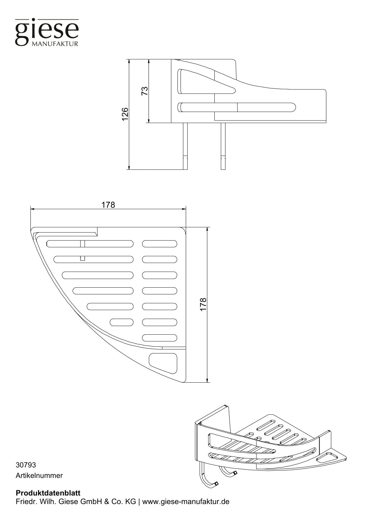 Technische Zeichnung eines Duschkorbs mit den Maßen 178 x 178 mm. Der Korb ist zur Eckmontage vorgesehen und besitzt eine Höhe von 126 mm. In der Darstellung sind Seiten-, Draufsicht und eine perspektivische Ansicht des Korbs zu sehen.