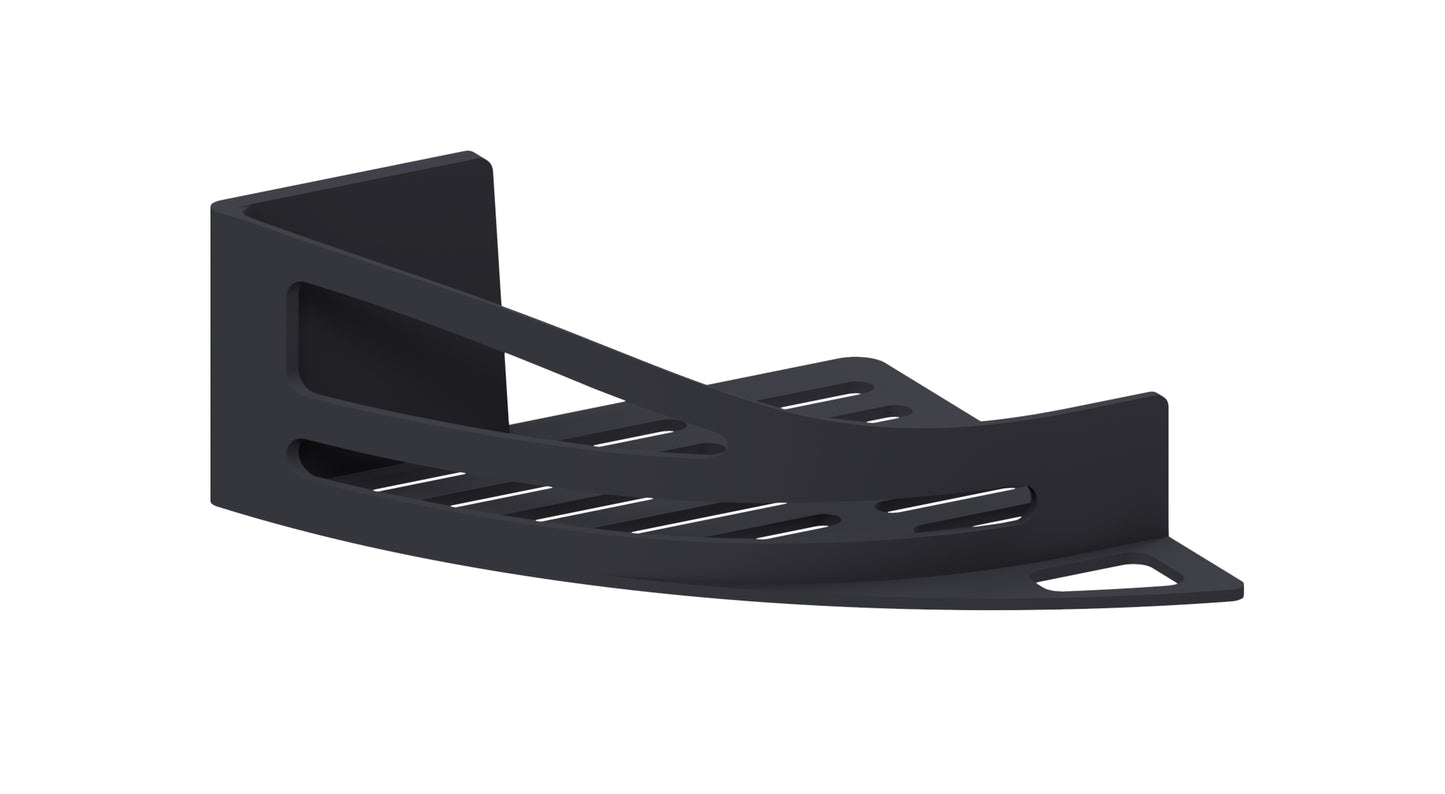Eckige schwarz matte Duschablage aus Metall, ideal zur Wandmontage. Die Ablage hat moderne, geschwungene Linien und ist zur Aufbewahrung von Duschutensilien gedacht.