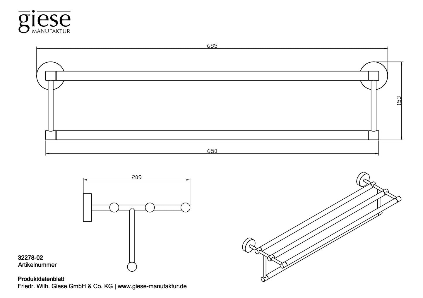 Man sieht eine technische Zeichnung einer Badetuchablage aus verchromtem Messing zur Wandmontage.
