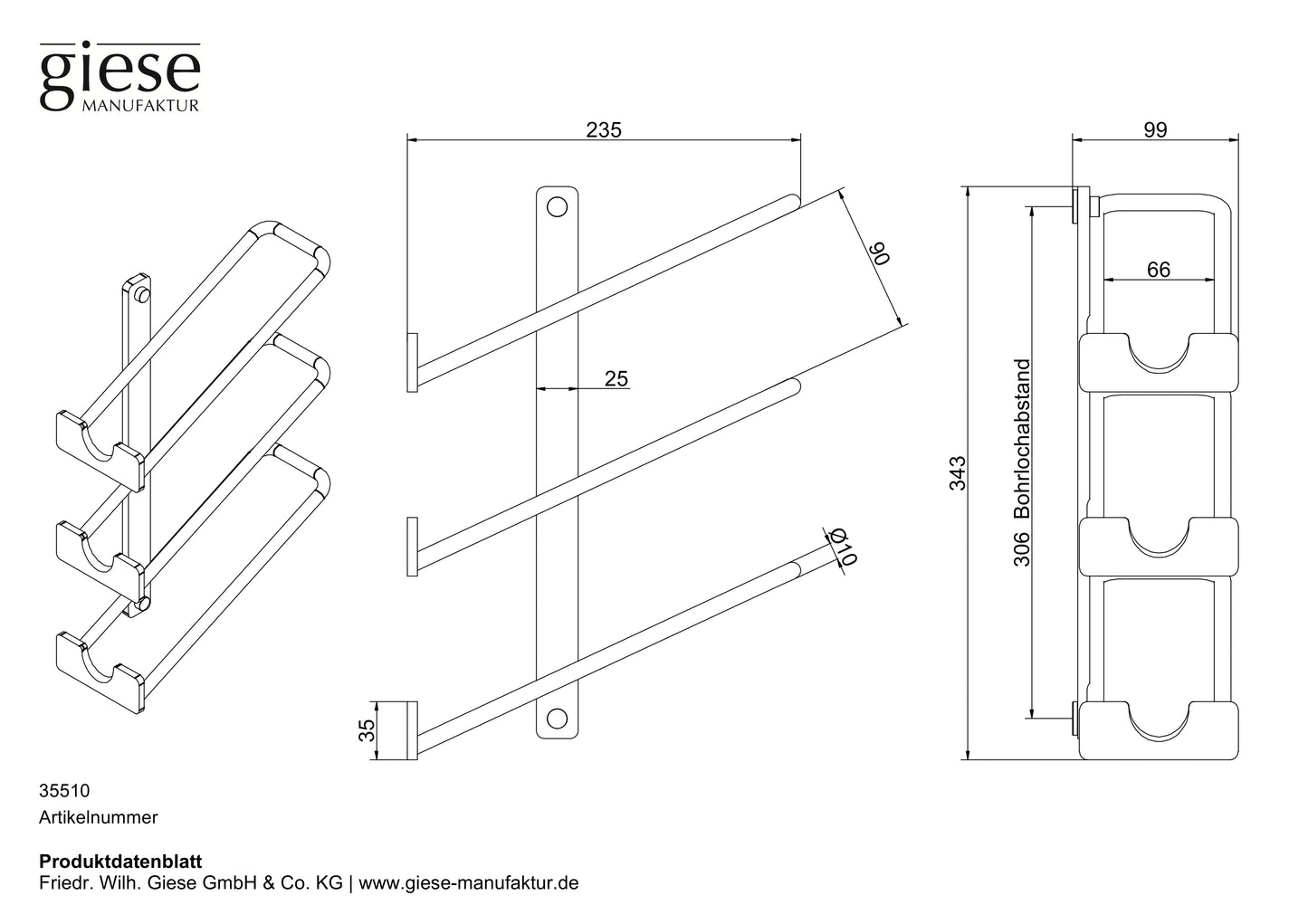 Technische Zeichnung eines Wand-Weinregals mit drei Ablagen für Flaschen. Dargestellt in isometrischer Ansicht, Seitenansicht und Vorderansicht mit Maßangaben, inklusive Bohrlochabstand und Gesamtabmessungen.
