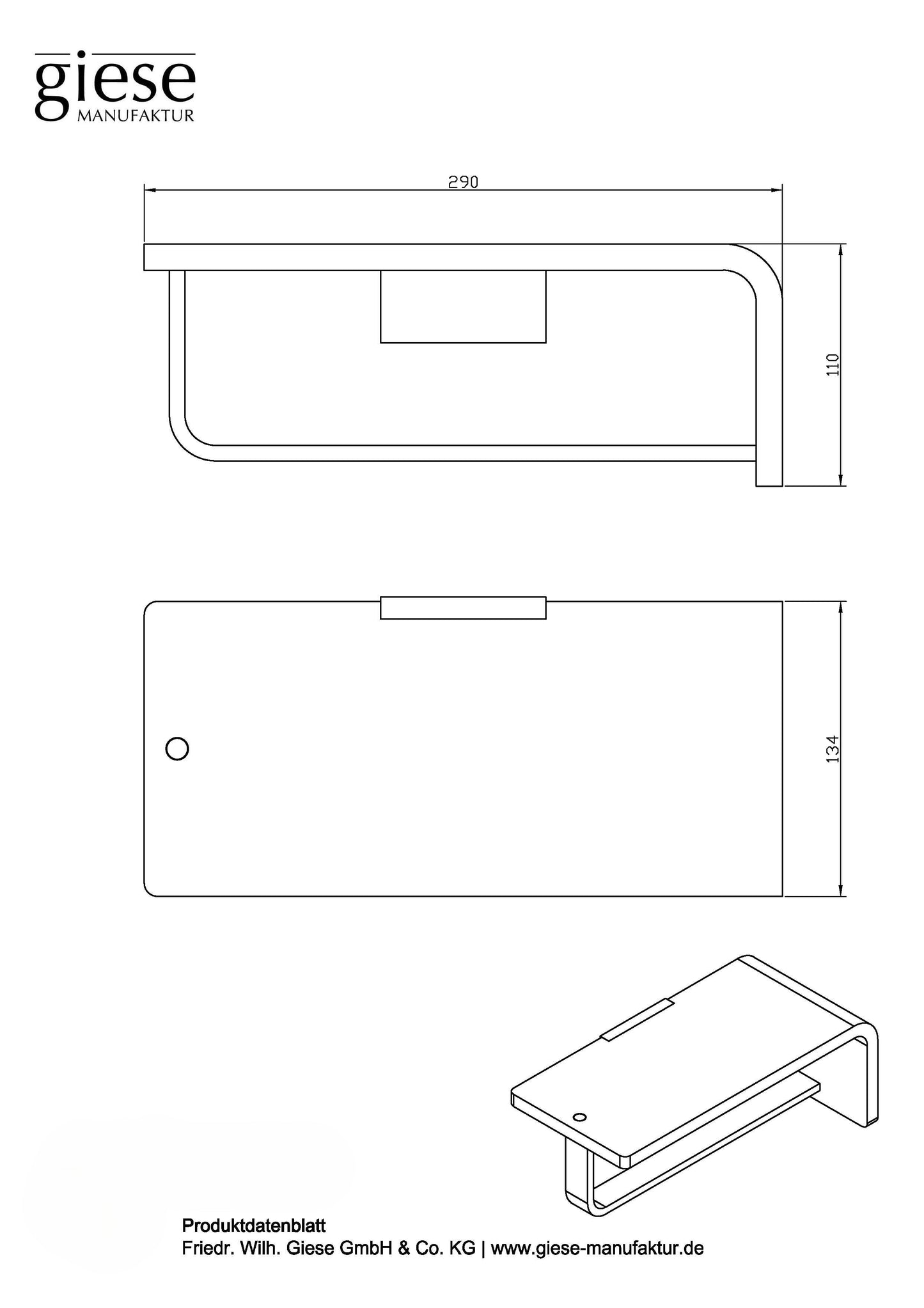 Technisches Produktdatenblatt der Giese Manufaktur. Maßzeichnung einer modernen Wandablage mit Handtuchhalter in den Maßen 290 x 134 x 110 mm.