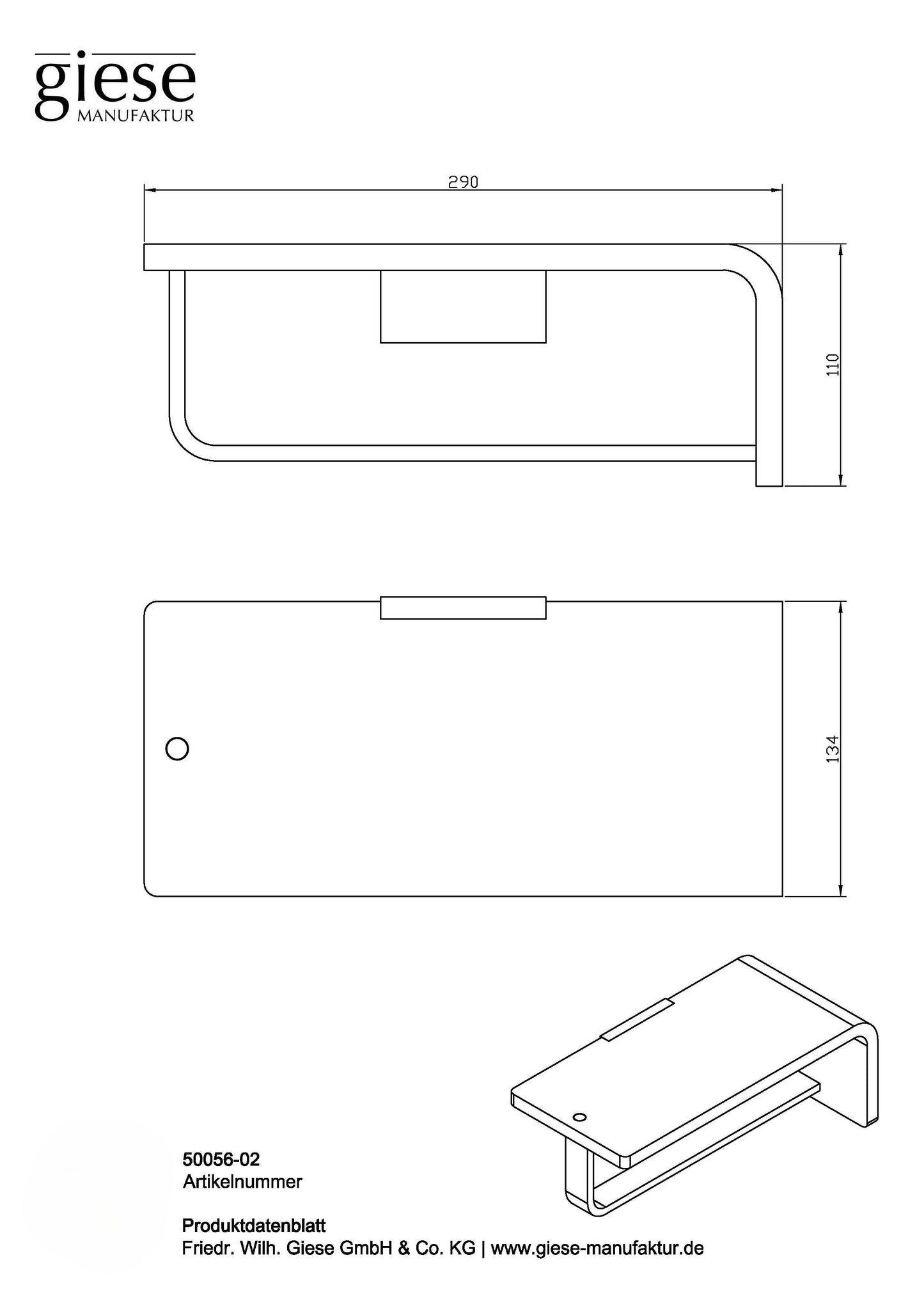 Technisches Produktdatenblatt der Giese Manufaktur fĂŒr Artikel 50056-02: MaĂzeichnung einer modernen Wandablage mit Handtuchhalter in den MaĂen 290 x 134 x 110 mm.