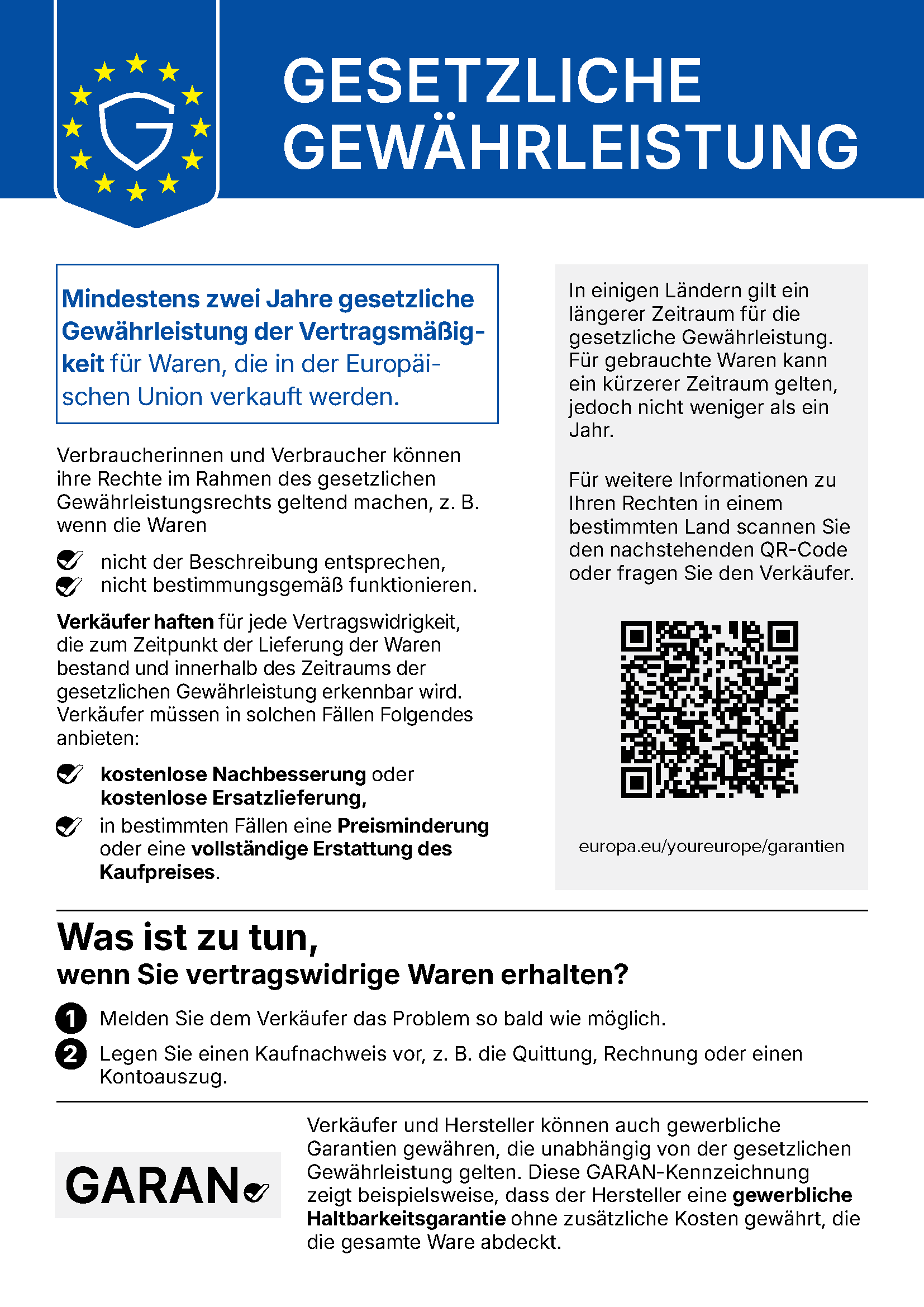Hinweis zur gesetzlichen Gewährleistung (mindestens 2 Jahre)