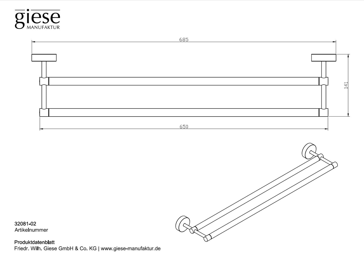 Man sieht eine technische Zeichnung von einer doppelte Badetuchablage aus verchromtem Messing zur Wandmontage.