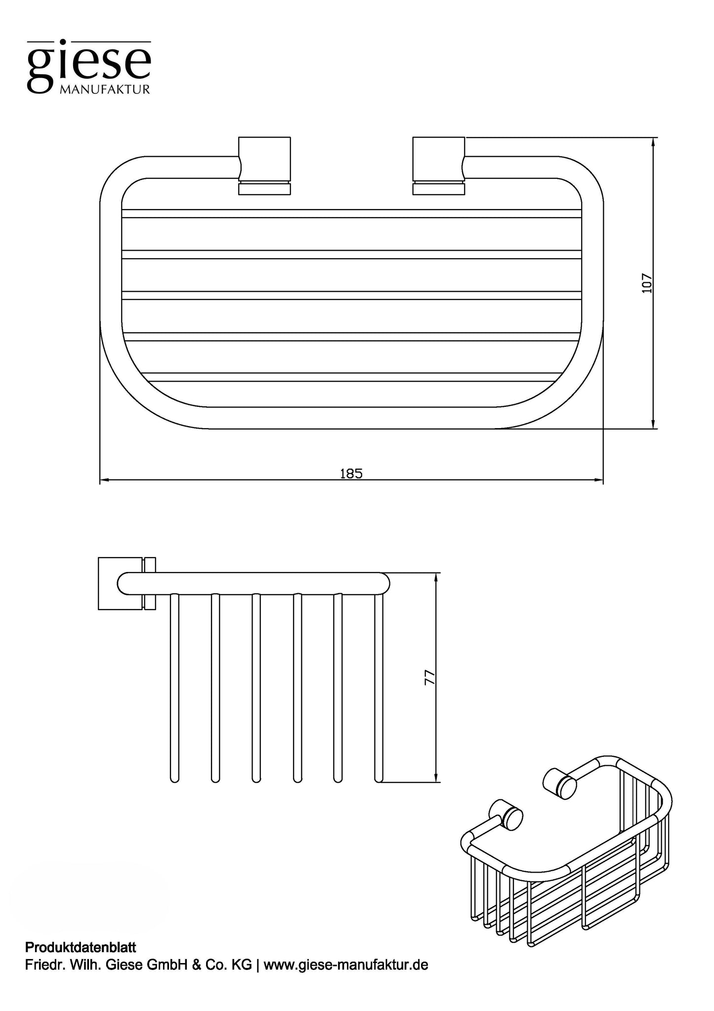 Technische Zeichnung eines Duschkorbs der Marke Giese mit den Maßen: Breite 185 mm, Höhe 107 mm und Tiefe 77 mm. Die Zeichnung zeigt den Duschkorb aus der Vorder-, Seiten- und Schrägansicht. Unten sind Artikelnummer (30010-02) und Herstellerinformationen angegeben.