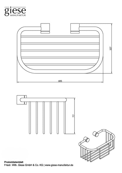 Technische Zeichnung eines Duschkorbs der Marke Giese mit den Maßen: Breite 185 mm, Höhe 107 mm und Tiefe 77 mm. Die Zeichnung zeigt den Duschkorb aus der Vorder-, Seiten- und Schrägansicht. Unten sind Artikelnummer (30010-02) und Herstellerinformationen angegeben.