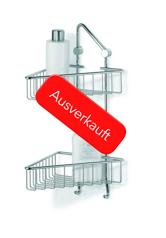Zweistöckiger Eck-Duschkorb aus Chrom mit zwei Ablagekörben und Haken; Produktbild mit rotem ‚Ausverkauft‘-Hinweis.