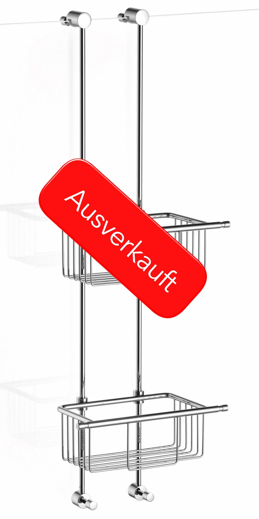 Verchromter, glänzender Einhängekorb für die Dusche mit zwei Ablagekörben. Der Duschkorb wird über eine Glasduschwand gehängt und verfügt über zwei Haken an der Unterseite zur zusätzlichen Aufhängung von Zubehör. Produktbild mit rotem ‚Ausverkauft‘-Hinweis.