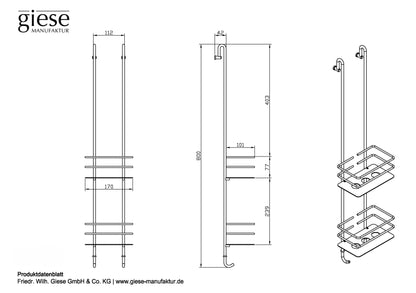 Technische Zeichnung eines Duschkorbs der Marke Giese mit den Maßen: Breite 170 mm, Höhe 800 mm und Tiefe 143 mm. Die Zeichnung zeigt den Duschkorb aus der Vorder-, Seiten- und Schrägansicht.