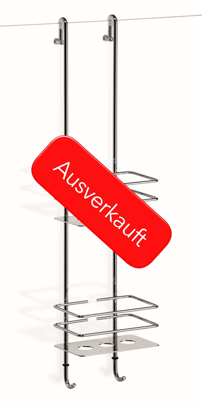 Verchromter, glänzender Einhängekorb für die Dusche mit zwei Ablagekörben. Der Duschkorb wird über eine Glasduschwand gehängt und verfügt über zwei Haken an der Unterseite zur zusätzlichen Aufhängung von Zubehör.  Produktbild mit rotem ‚Ausverkauft‘-Hinweis.
