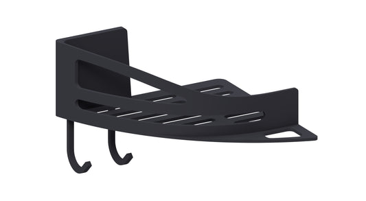 Eckige schwarz matte Duschablage aus Metall mit Haken an der Unterseite, ideal zur Wandmontage. Die Ablage hat moderne, geschwungene Linien und ist zur Aufbewahrung von Duschutensilien gedacht.