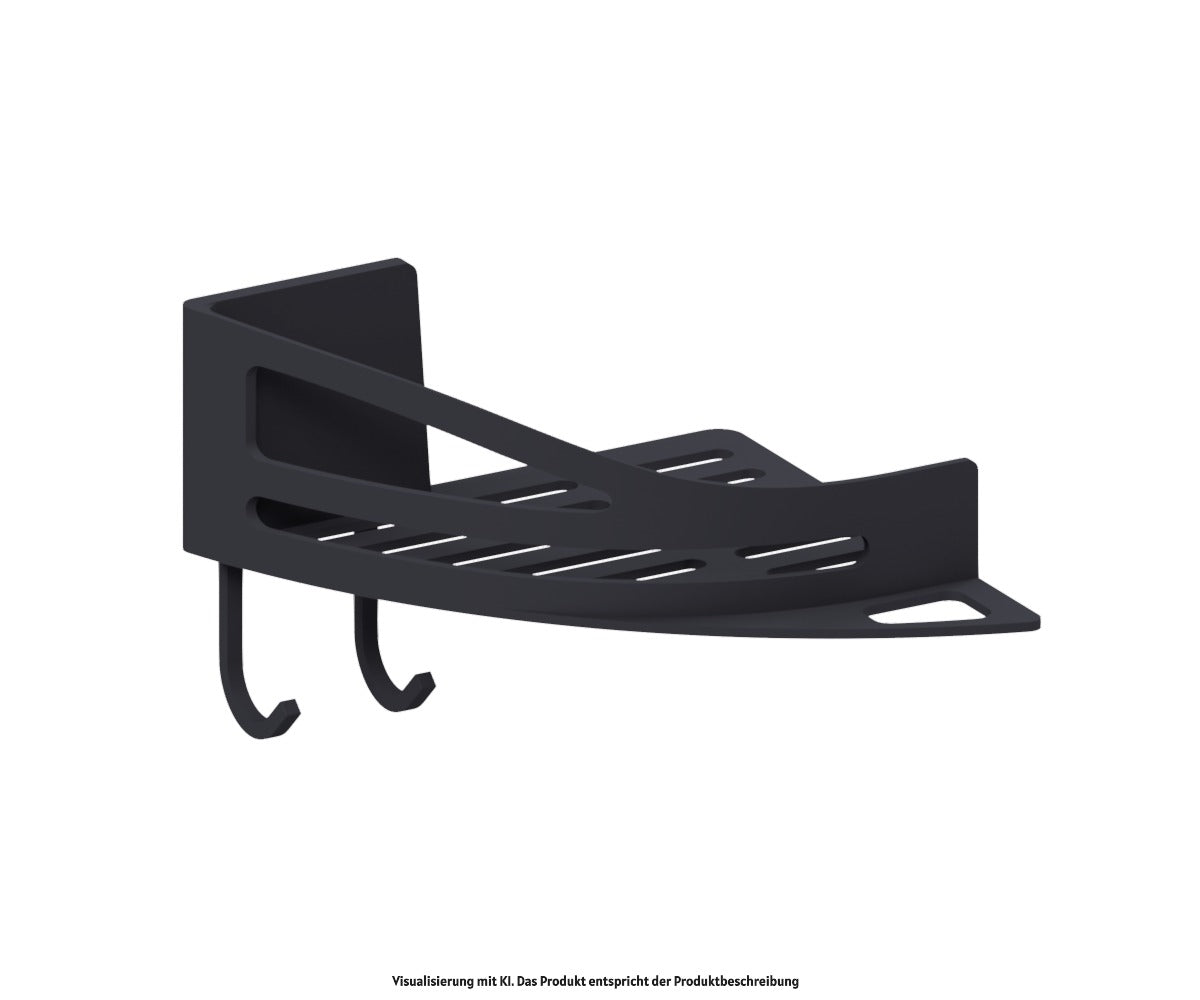 Eckige, schwarz matte  Duschablage aus Metall mit Haken an der Unterseite, ideal zur Wandmontage. Die Ablage hat moderne, geschwungene Linien und ist zur Aufbewahrung von Duschutensilien gedacht.