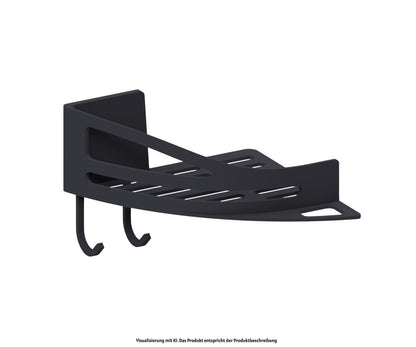 Eckige, schwarz matte  Duschablage aus Metall mit Haken an der Unterseite, ideal zur Wandmontage. Die Ablage hat moderne, geschwungene Linien und ist zur Aufbewahrung von Duschutensilien gedacht.