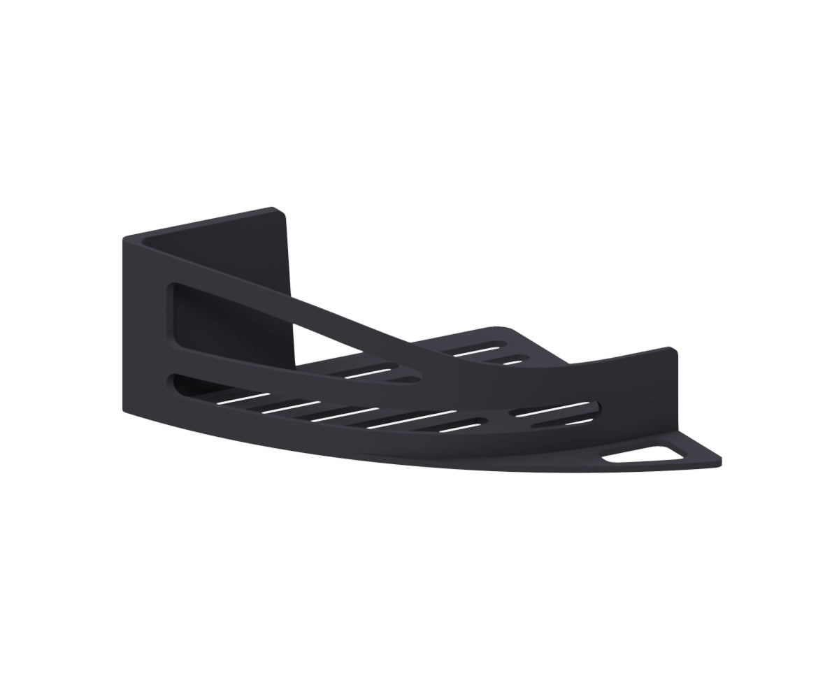 Eckige, schwarz matte Duschablage aus Metall, ideal zur Wandmontage. Die Ablage hat moderne, geschwungene Linien und ist zur Aufbewahrung von Duschutensilien gedacht.