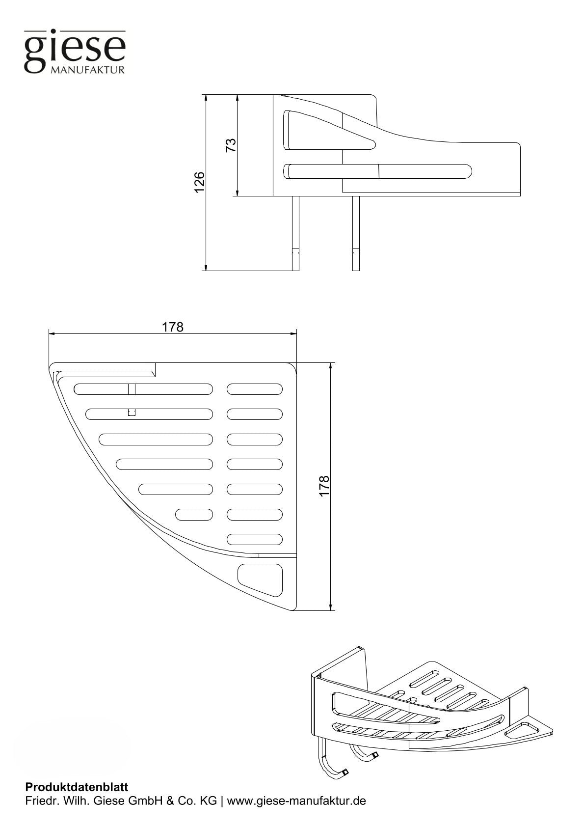 Technische Zeichnung eines Duschkorbs mit den Maßen 178 x 178 mm. Der Korb ist zur Eckmontage vorgesehen und besitzt eine Höhe von 126 mm. In der Darstellung sind Seiten-, Draufsicht und eine perspektivische Ansicht des Korbs zu sehen.