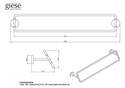 Technisches Datenblatt für den Giese Badetuchhalter mit Maßangaben: Breite 650 mm, Ausladung 137 mm und Höhe 105 mm; inklusive Frontansicht, Seitenansicht und perspektivischer Zeichnung.