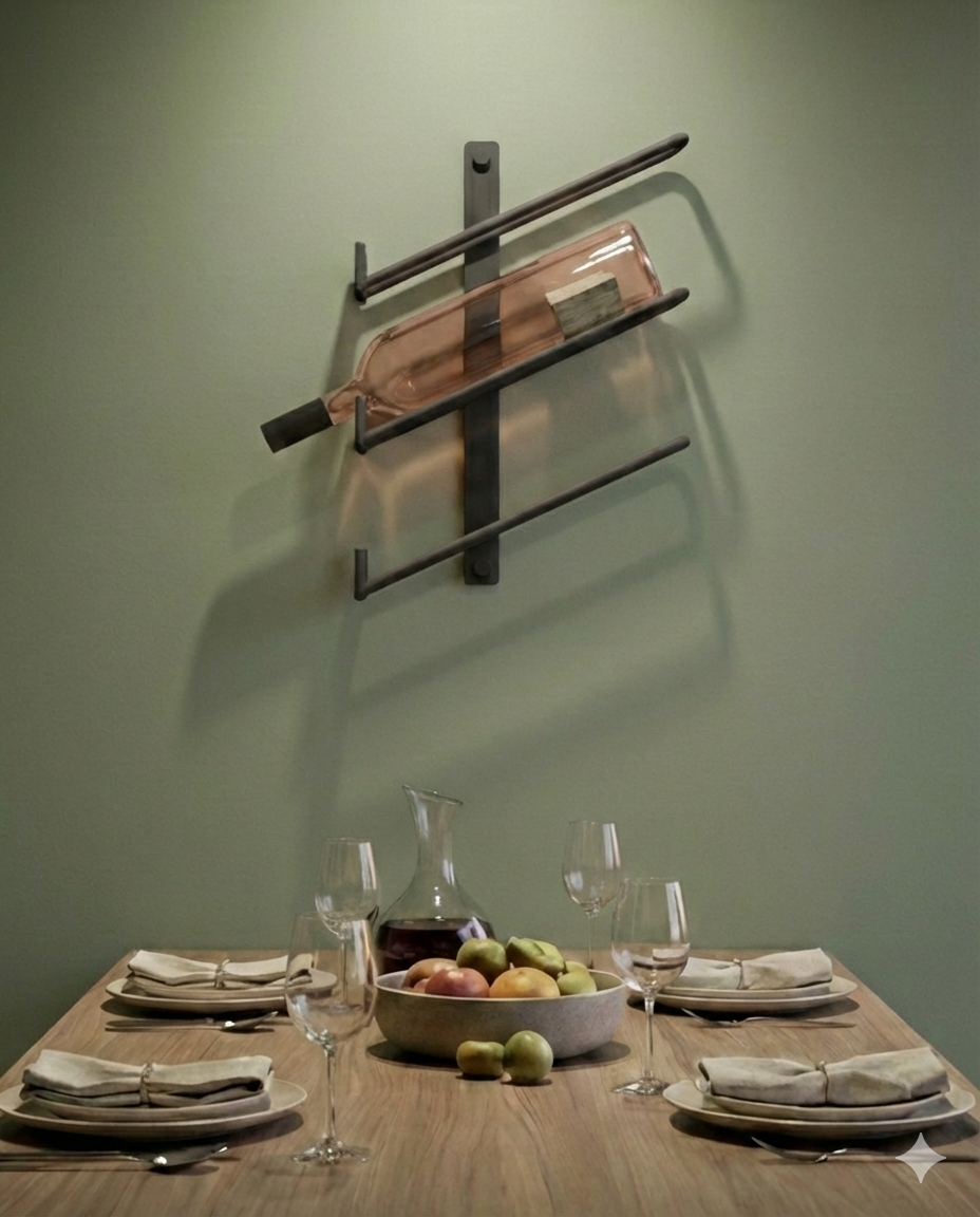 Schwarzes Metall-Weinregal für die Wand, dekorativ bestückt mit einer Weinflasche in einem modern eingerichteten Esszimmer mit grünem Hintergrund.