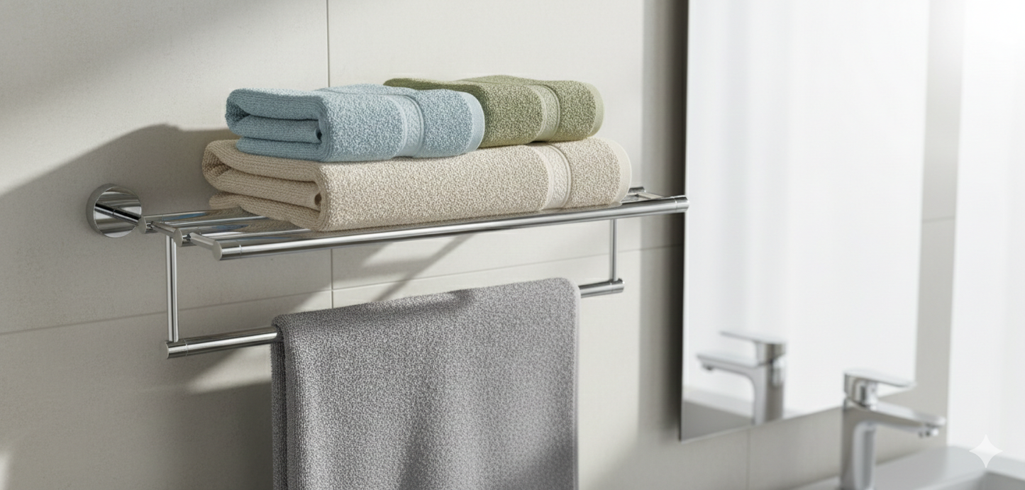 Kombinierte Handtuchablage mit Handtuchstange aus glänzendem Chrom; bestückt mit gefalteten Handtüchern in Pastelltönen vor einer hellen Badezimmerwand.