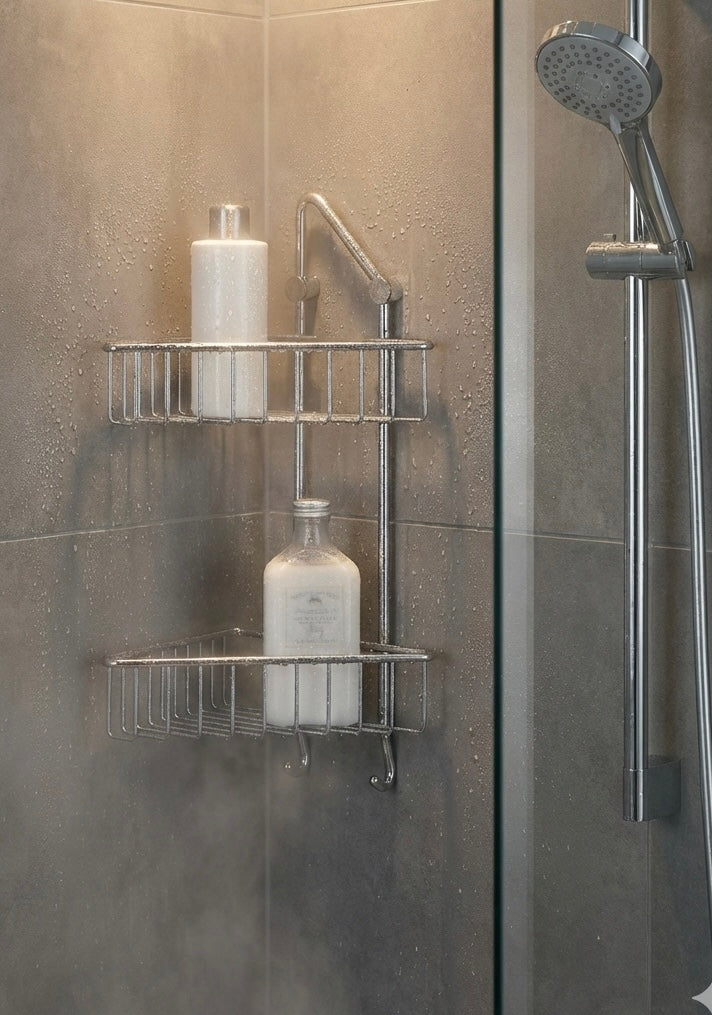 Zweistöckiger Eck-Duschkorb aus Chrom in einer modernen Dusche; platzsparende Badablage mit zwei Körben und Haken für Zubehör, montiert an grauen Fliesen.