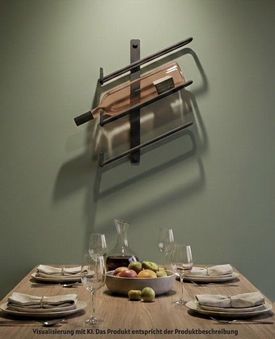 Schwarzes Metall-Weinregal für die Wand, dekorativ bestückt mit einer Weinflasche in einem modern eingerichteten Esszimmer mit grünem Hintergrund.