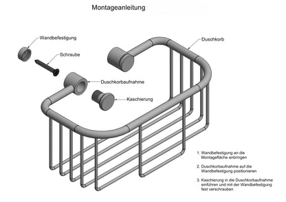 Montageanleitung für einen Duschkorb in Explosionsdarstellung. Abgebildet sind die Einzelteile: Duschkorb, Duschkorbaufnahme, Wandbefestigung, Schraube und Kaschierung. Die Anleitung zeigt in drei Schritten, wie die Wandbefestigung angebracht, die Duschkorbaufnahme positioniert und die Kaschierung verschraubt wird.