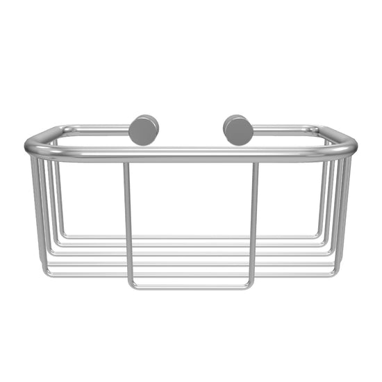 Interaktives 3D-Modell eines minimalistischen Duschkorbs der Giese Manufaktur; verchromtes Rahmendesign mit runder Wandbefestigung zur flexiblen Badgestaltung