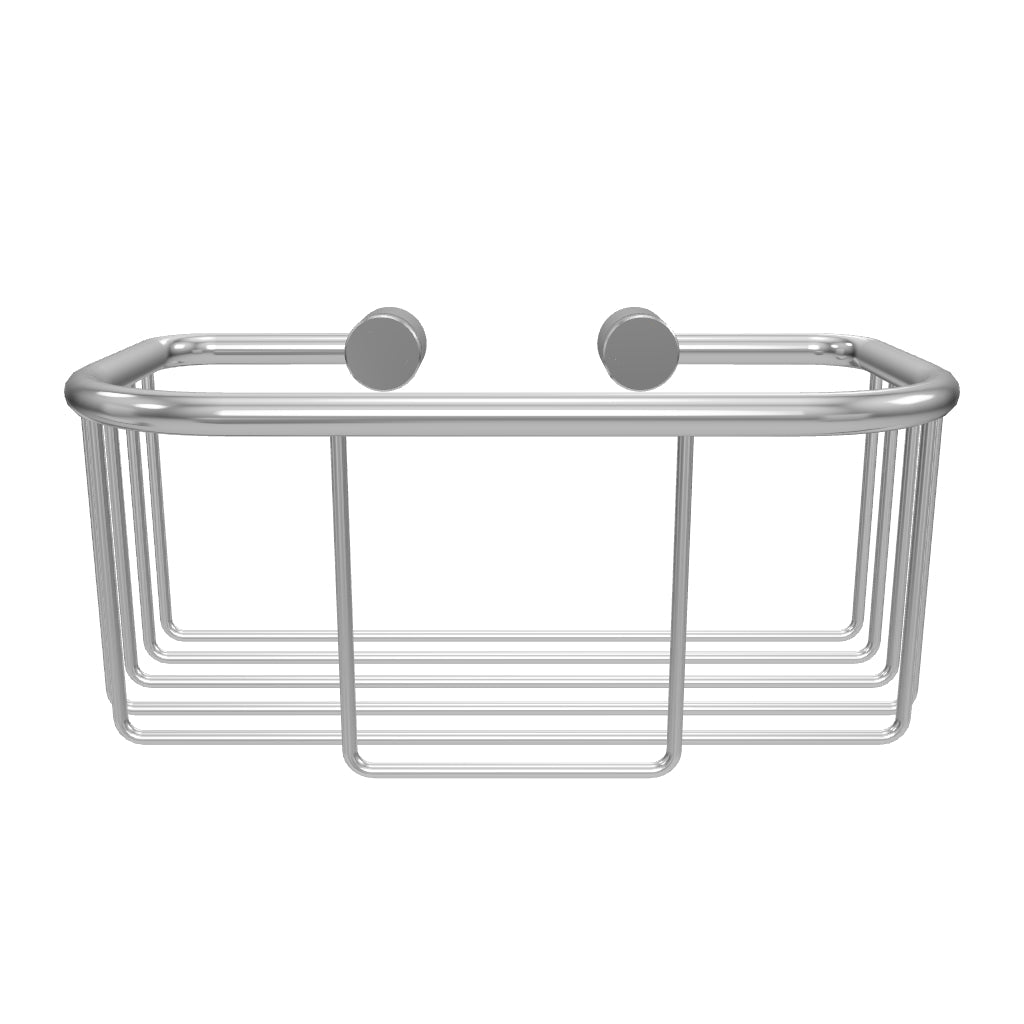 Interaktives 3D-Modell eines minimalistischen Duschkorbs der Giese Manufaktur; verchromtes Rahmendesign mit runder Wandbefestigung zur flexiblen Badgestaltung