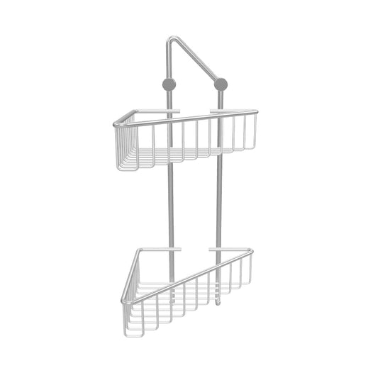 Interaktive 3D-Modell-Ansicht: Zweistöckiger Eck-Duschkorb aus Chrom mit zwei Ablagekörben und Haken, für die Wandmontage.