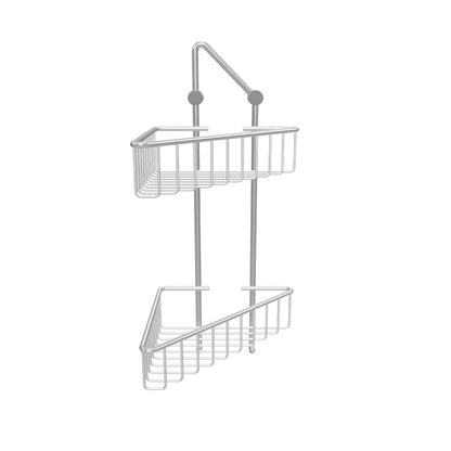 Interaktive 3D-Modell-Ansicht: Zweistöckiger Eck-Duschkorb aus Chrom mit zwei Ablagekörben und Haken, für die Wandmontage.