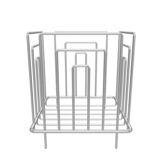 Eine 3D Ansicht eines Gästehandtuchkorbs als Standmodell aus Messing mit glänzend verchromter Oberfläche. 