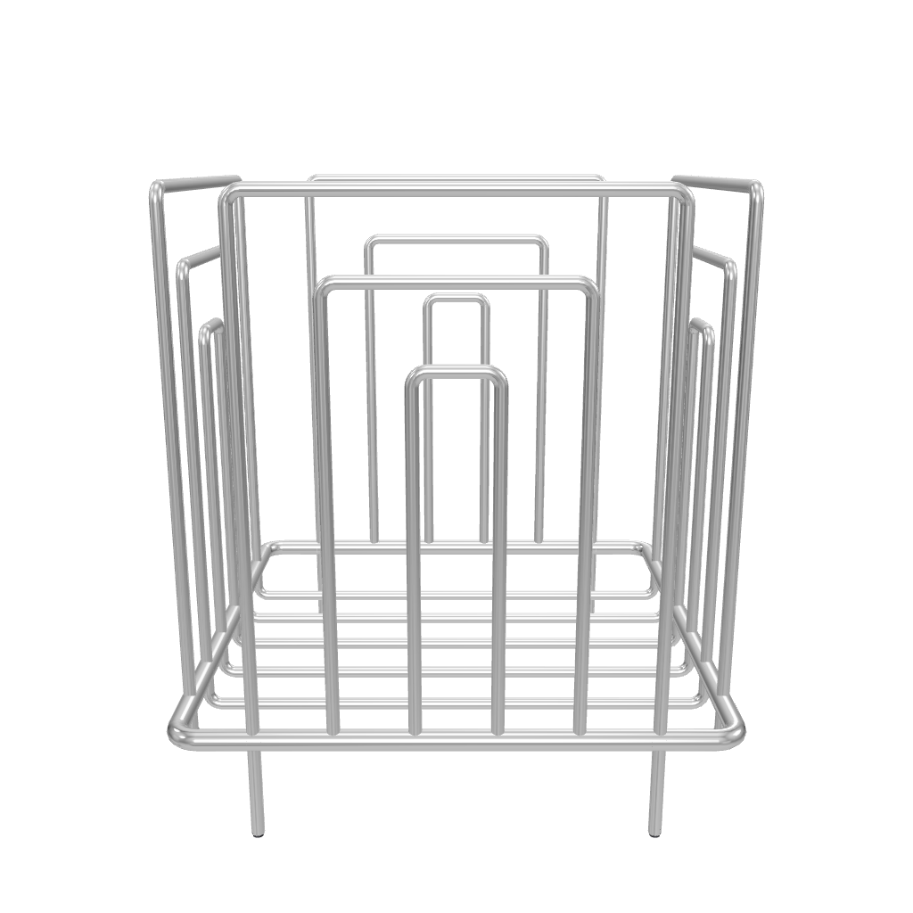 Eine 3D Ansicht eines Gästehandtuchkorbs als Standmodell aus Messing mit glänzend verchromter Oberfläche. 