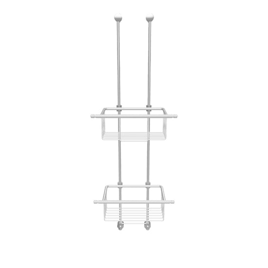 Verchromter, glänzender Einhängekorb für die Dusche mit zwei Ablagekörben als 3D Ansicht. Der Duschkorb wird über eine Glasduschwand gehängt und verfügt über zwei Haken an der Unterseite zur zusätzlichen Aufhängung von Zubehör.