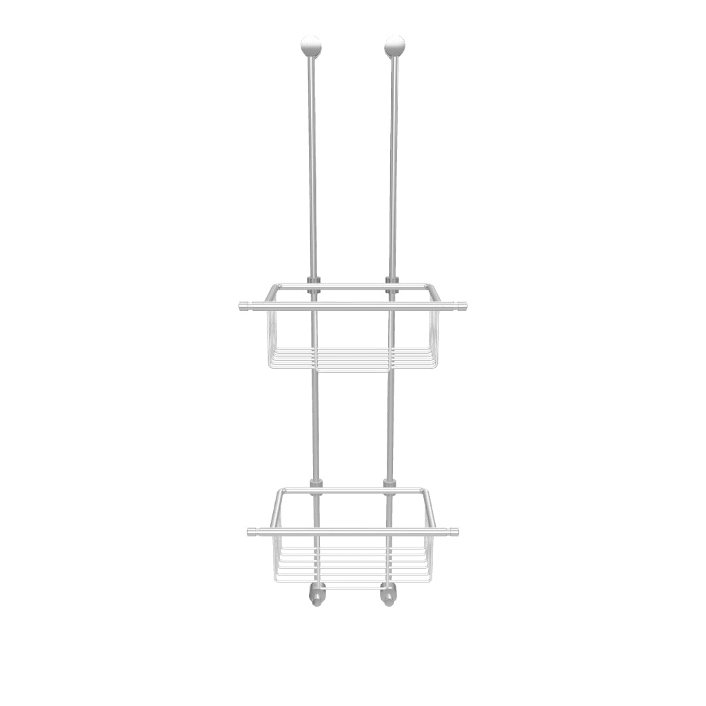 Verchromter, glänzender Einhängekorb für die Dusche mit zwei Ablagekörben als 3D Ansicht. Der Duschkorb wird über eine Glasduschwand gehängt und verfügt über zwei Haken an der Unterseite zur zusätzlichen Aufhängung von Zubehör.