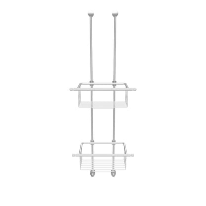 Verchromter, glänzender Einhängekorb für die Dusche mit zwei Ablagekörben als 3D Ansicht. Der Duschkorb wird über eine Glasduschwand gehängt und verfügt über zwei Haken an der Unterseite zur zusätzlichen Aufhängung von Zubehör.