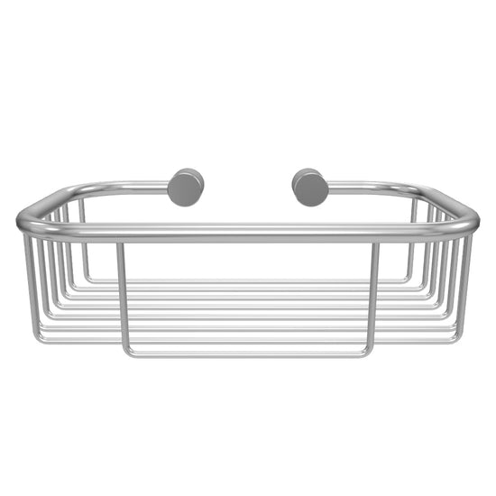 Verchromter Duschkorb zur Wandmontage, bestehend aus einem Drahtgestell mit abgerundeten Ecken als 3D Ansicht.