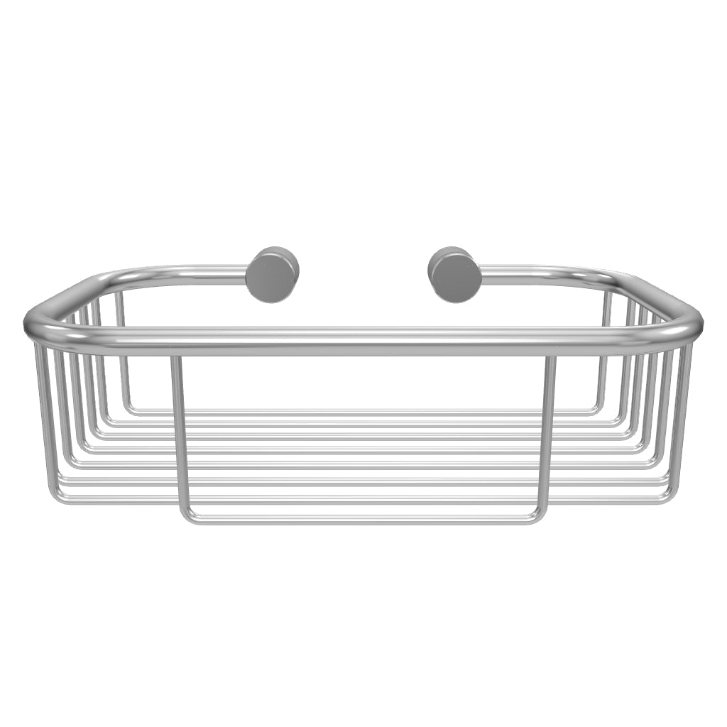 Verchromter Duschkorb zur Wandmontage, bestehend aus einem Drahtgestell mit abgerundeten Ecken als 3D Ansicht.