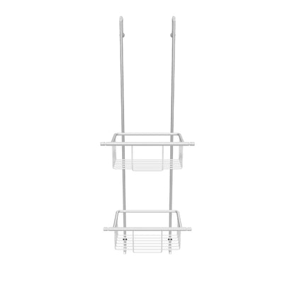 Verchromter, glänzender Einhängekorb für die Dusche mit zwei Ablagekörben als 3D Ansicht. Der Duschkorb wird über eine Glasduschwand gehängt und verfügt über zwei Haken an der Unterseite zur zusätzlichen Aufhängung von Zubehör.