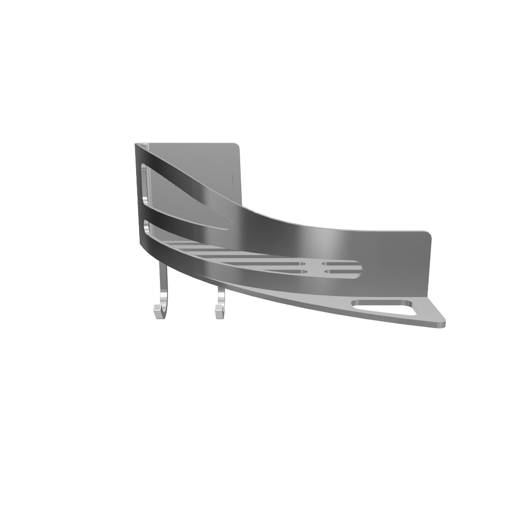 3D-Ansicht eines Duschkorbs Modell 30793-02. Der Korb besteht aus Zinkdruckguss mit glänzend verchromter Oberfläche und zeigt die typische Form mit einer Ablagefläche für Duschutensilien.