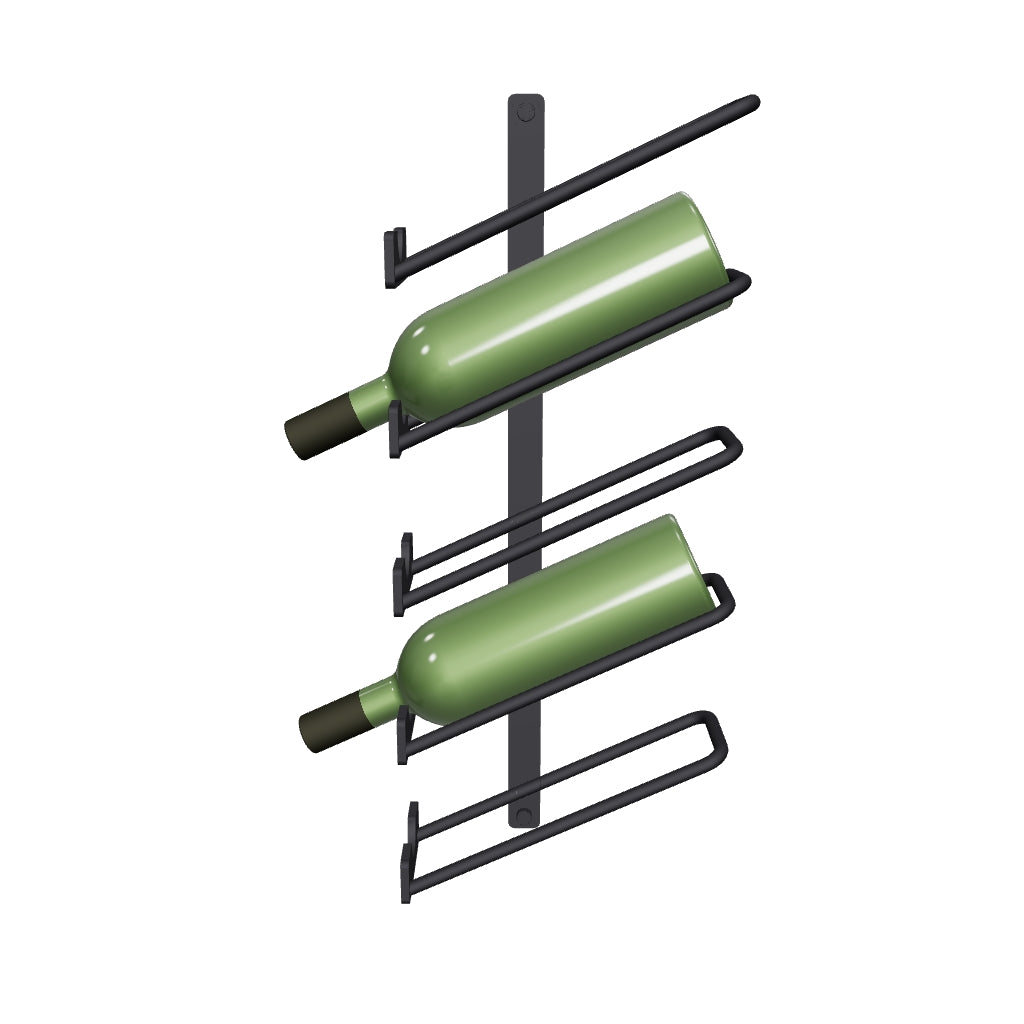 In einer 3D Ansicht sieht man ein schwarz, mattes Weinregal zur Wandmontage mit fünf Ablagen für Weinflaschen; auf dem Bild sind drei grüne Weinflaschen in den Halterungen eingelegt.