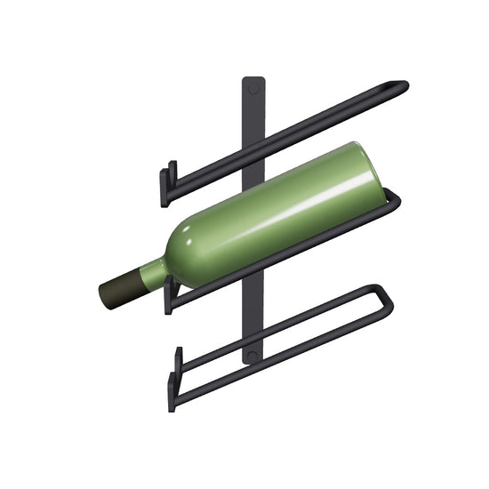 In einer 3D Ansicht sieht man ein schwarz, mattes Weinregal zur Wandmontage mit drei Ablagen für Weinflaschen; auf dem Bild ist eine grüne Weinflasche in der Halterung eingelegt.