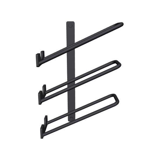 In einer 3D Ansicht sieht man ein schwarz, mattes Weinregal zur Wandmontage mit drei Ablagen für Weinflaschen.