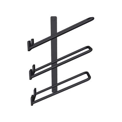 In einer 3D Ansicht sieht man ein schwarz, mattes Weinregal zur Wandmontage mit drei Ablagen für Weinflaschen.